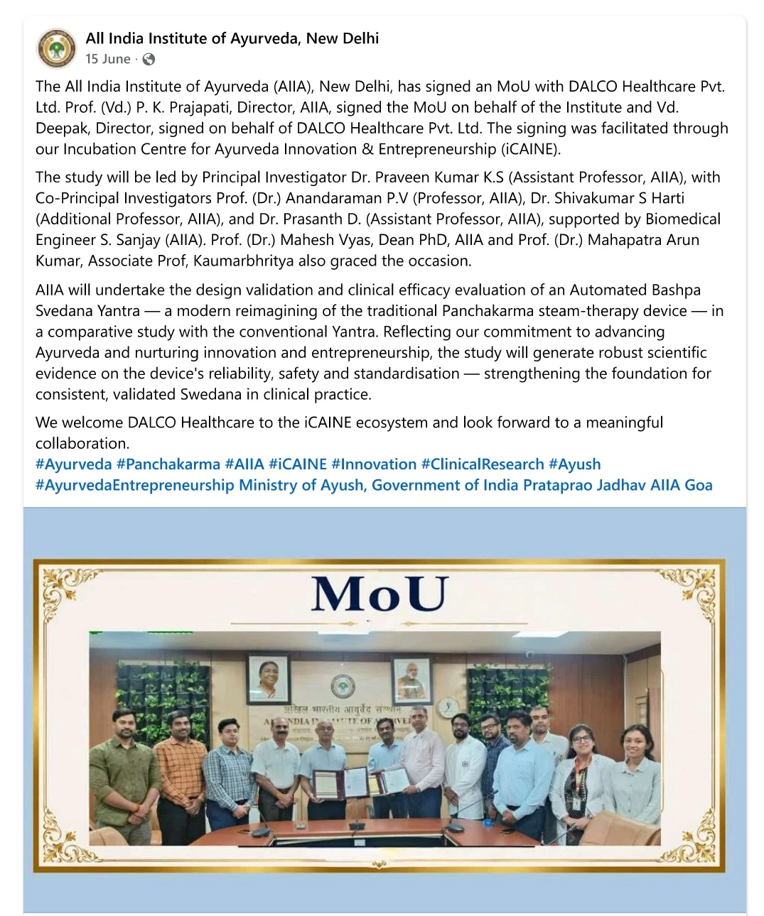 MOU FOR R&D WORK WITH AIIA